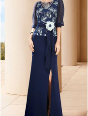 Aimishang  Sheath / Column Mother of the Bride Dress Wedding Guest Elegant Jewel Neck Floor Length Stretch Chiffon Half Sleeve with Split Front Ruching Flower
