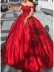 Ball Gown Luxurious Sexy Quinceanera Formal Evening Valentine's Day Dress Off Shoulder Short Sleeve Chapel Train Lace with Appliques