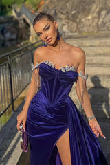 Velvet Off-the-Shoulder Mermaid Prom Dress with Split Beads and Ruffles