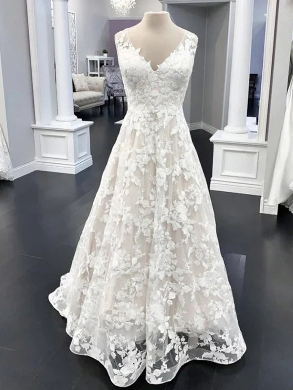 A Line V Neck Floral Lace Long Prom Dresses
