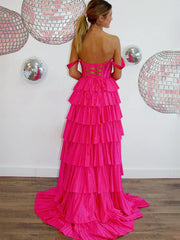 Verve | A Line V Neck Blue Satin Tiered Long Prom Dresses With Beads