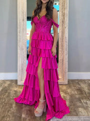 Verve | A Line V Neck Blue Satin Tiered Long Prom Dresses With Beads