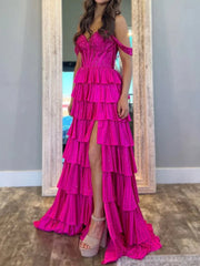 Verve | A Line V Neck Blue Satin Tiered Long Prom Dresses With Beads