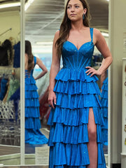 Verve | A Line V Neck Blue Satin Tiered Long Prom Dresses With Beads