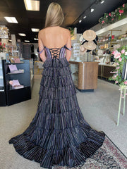 Verve | A Line V Neck Blue Satin Tiered Long Prom Dresses With Beads