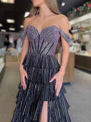 Verve | A Line V Neck Blue Satin Tiered Long Prom Dresses With Beads