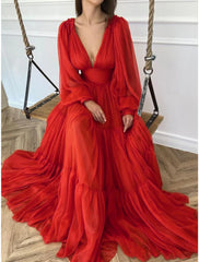 A-Line Evening Gown Elegant Dress Red Green Dress Formal Wedding Guest Floor Length Long Sleeve V Neck Chiffon with Ruched