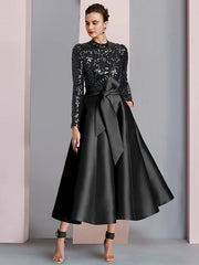 A-Line Mother of the Bride Dress Wedding Guest Elegant Sparkle & Shine High Neck Tea Length Satin Sequined Long Sleeve with Bow(s)