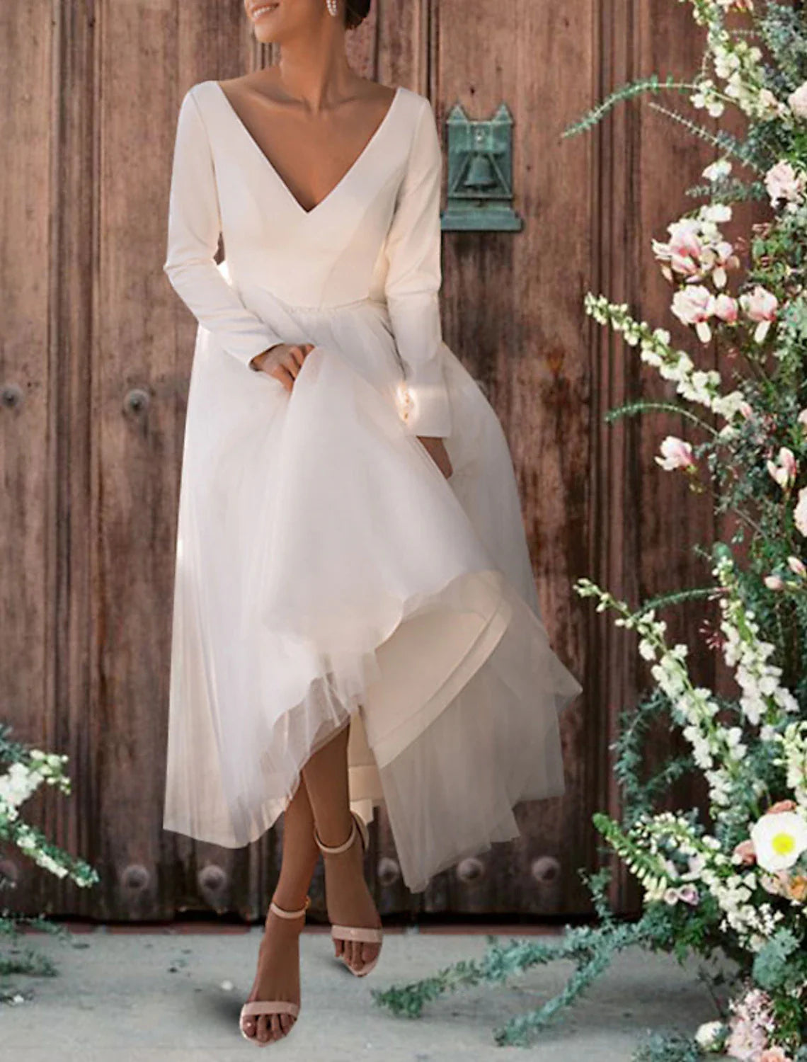 Wholesale Reception Simple Wedding Dresses Wedding Dresses Sheath / Column V Neck Sleeveless Ankle Length Satin Bridal Gowns With / Solid Color