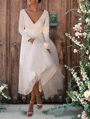 Wholesale Reception Simple Wedding Dresses Wedding Dresses Sheath / Column V Neck Sleeveless Ankle Length Satin Bridal Gowns With / Solid Color