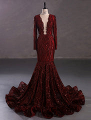 Mermaid / Trumpet Evening Gown Sparkle & Shine Dress Formal Evening Wedding Party Chapel Train Long Sleeve Jewel Neck African American Sequined with Sequin