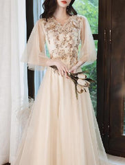 A-Line Prom Dresses Cute Dress Valentine's Day Wedding Guest Floor Length Half Sleeve V Neck Tulle with Beading Appliques