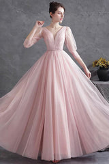 Pink V-Neck Tulle Long Prom Dress, Simple 1/2 Sleeve Evening Party Dress