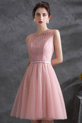 Pink Scoop Tulle Short Prom Dress with Beaded, Pink Knee Length Party Dress