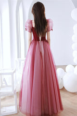Burgundy Tulle Long Prom Dress, A-Line Short Sleeve Formal Evening Dress