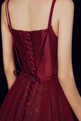 Spaghetti Straps Tulle Long Prom Dress, Burgundy Evening Party Dress