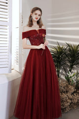 Burgundy Beaded Off Shoulder Lace-Up Prom Dress, Burgundy Evening Party Dress