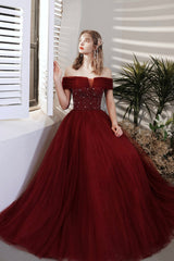 Burgundy Beaded Off Shoulder Lace-Up Prom Dress, Burgundy Evening Party Dress