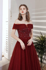 Burgundy Beaded Off Shoulder Lace-Up Prom Dress, Burgundy Evening Party Dress