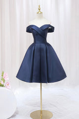 Blue Knee Length Satin Short Prom Dress, Off the Shoulder Blue Homecoming Dress