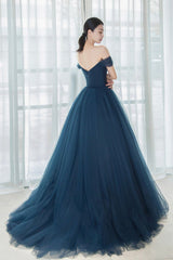 Elegant Tulle Long A-Line Prom Dress, Blue Off the Shoulder Evening Dress