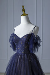 Blue Gradient Tulle Long Prom Dress, Beautiful Spaghetti Strap Evening Dress