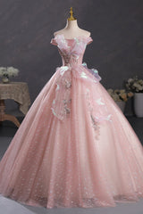 Pink Tulle Long A-Line Prom Dress with Lace, Beautiful Off Shoulder Sweet 16 Dress
