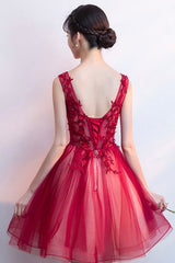 Red V-Neck Lace Short Prom Dress, Cute A-Line Homecoming Party Dress
