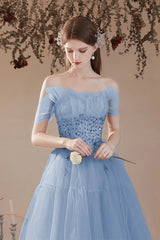 Blue Tulle Beaded Long Formal Dress, A-Line Strapless Graduation Dress