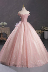 Pink Tulle Long A-Line Prom Dress with Lace, Beautiful Off Shoulder Sweet 16 Dress