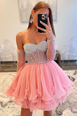 A-Line Sweetheart Beads Pink Long Sleeves Party Dress, Cute Homecoming Dress Vi1255