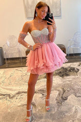 A-Line Sweetheart Beads Pink Long Sleeves Party Dress, Cute Homecoming Dress Vi1255