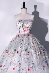 Gray Strapless Floral Tulle Long Prom Dress, Cute A-Line Evening Party Dress