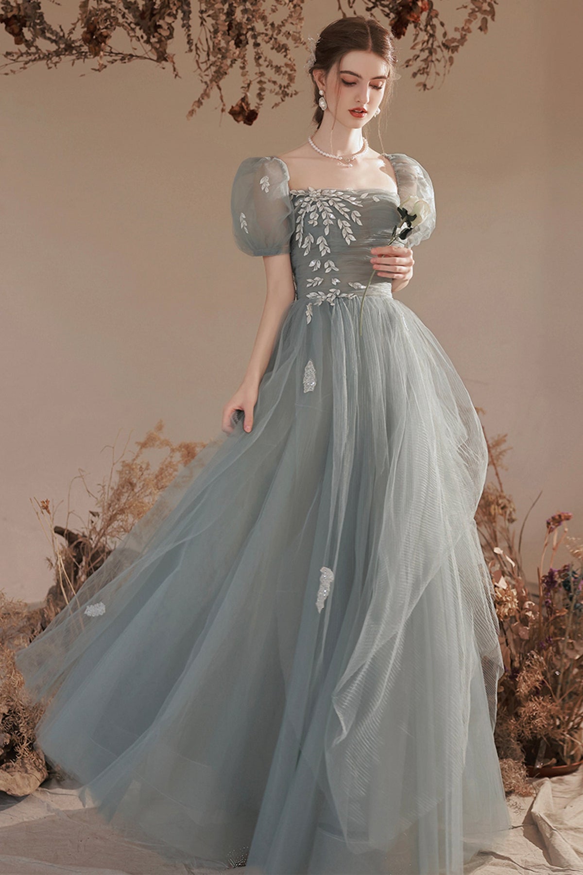 Cute Tulle Lace Long Prom Dress with Lace, A-Line Short Sleeve Graduation Dress