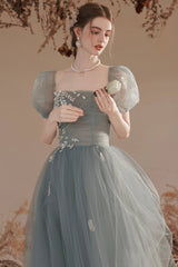 Cute Tulle Lace Long Prom Dress with Lace, A-Line Short Sleeve Graduation Dress