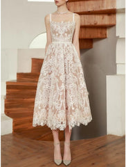 Wholesale Casual Wedding Dresses A-Line Camisole Sleeveless Tea Length Lace Bridal Gowns With Pleats