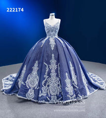 Vintage Blue Ball Gowns Sparkly Lace Appliqued Quince Dresses 222174