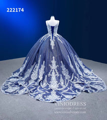 Vintage Blue Ball Gowns Sparkly Lace Appliqued Quince Dresses 222174