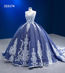 Vintage Blue Ball Gowns Sparkly Lace Appliqued Quince Dresses 222174