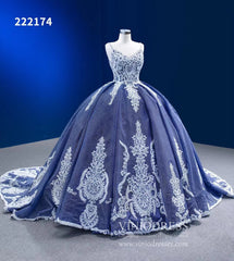 Vintage Blue Ball Gowns Sparkly Lace Appliqued Quince Dresses 222174