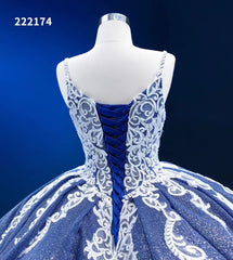 Vintage Blue Ball Gowns Sparkly Lace Appliqued Quince Dresses 222174