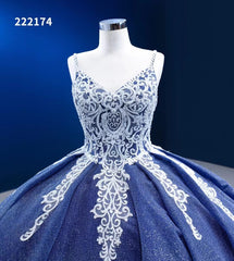 Vintage Blue Ball Gowns Sparkly Lace Appliqued Quince Dresses 222174