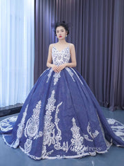 Vintage Blue Ball Gowns Sparkly Lace Appliqued Quince Dresses 222174