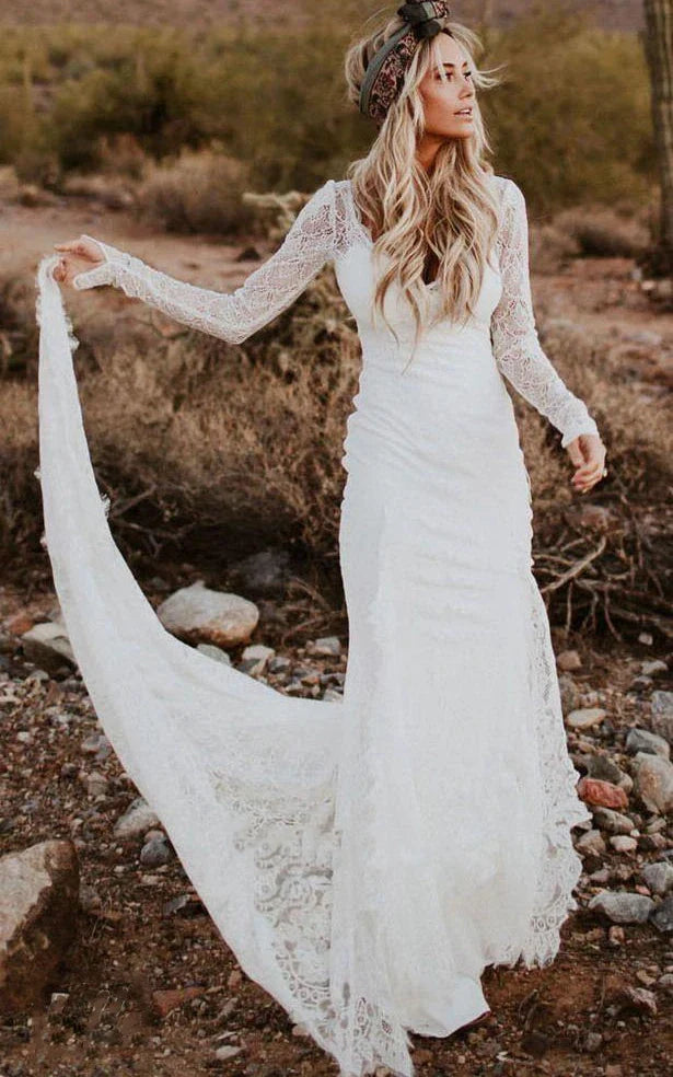 Vintage Sheath Satin V-neck Long Sleeve Wedding Dress