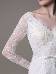 Vintage Lace Wedding Dress A-Line With Long Sleeves Pearls Applique And Chapel Train