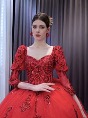 Vintage Luxury Red Wedding Dresses Sparkly Long Sleeve Ball Gown 231134