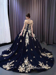 Vintage Navy Blue Velvet Ball Gown Wedding Dresses Gold Lace Appliqued Quince Dress 231131