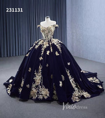 Vintage Navy Blue Velvet Ball Gown Wedding Dresses Gold Lace Appliqued Quince Dress 231131