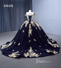 Vintage Navy Blue Velvet Ball Gown Wedding Dresses Gold Lace Appliqued Quince Dress 231131