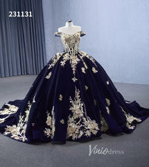 Vintage Navy Blue Velvet Ball Gown Wedding Dresses Gold Lace Appliqued Quince Dress 231131